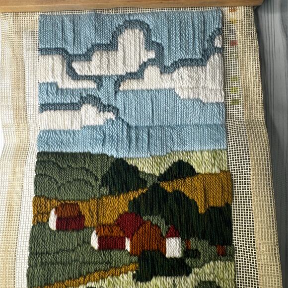 Vintage Landscape Farm Autumn Crewel Unframed MCM 26 x 12 Cottage - Picture 2 of 7